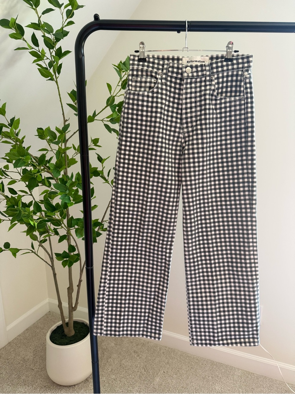 Reformation Navy/Black and White Gingham Denim Flare Crop